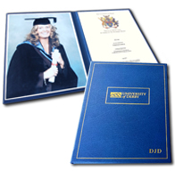 2 panel graduation folders with university logo & student initials