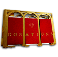 Engraved brass frame with red genuine leather covered walnut panels with Donations embossed in gold. Click to enlarge