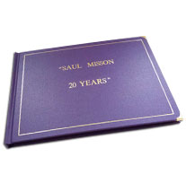 Purple Buckram covered printed retirement book with messages & photos.