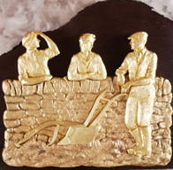 Cast Brass Shallow Relief of farmers taking over an old stone wall, taking a break from ploughing: on iron and brushed aluminium. Click to enlarge